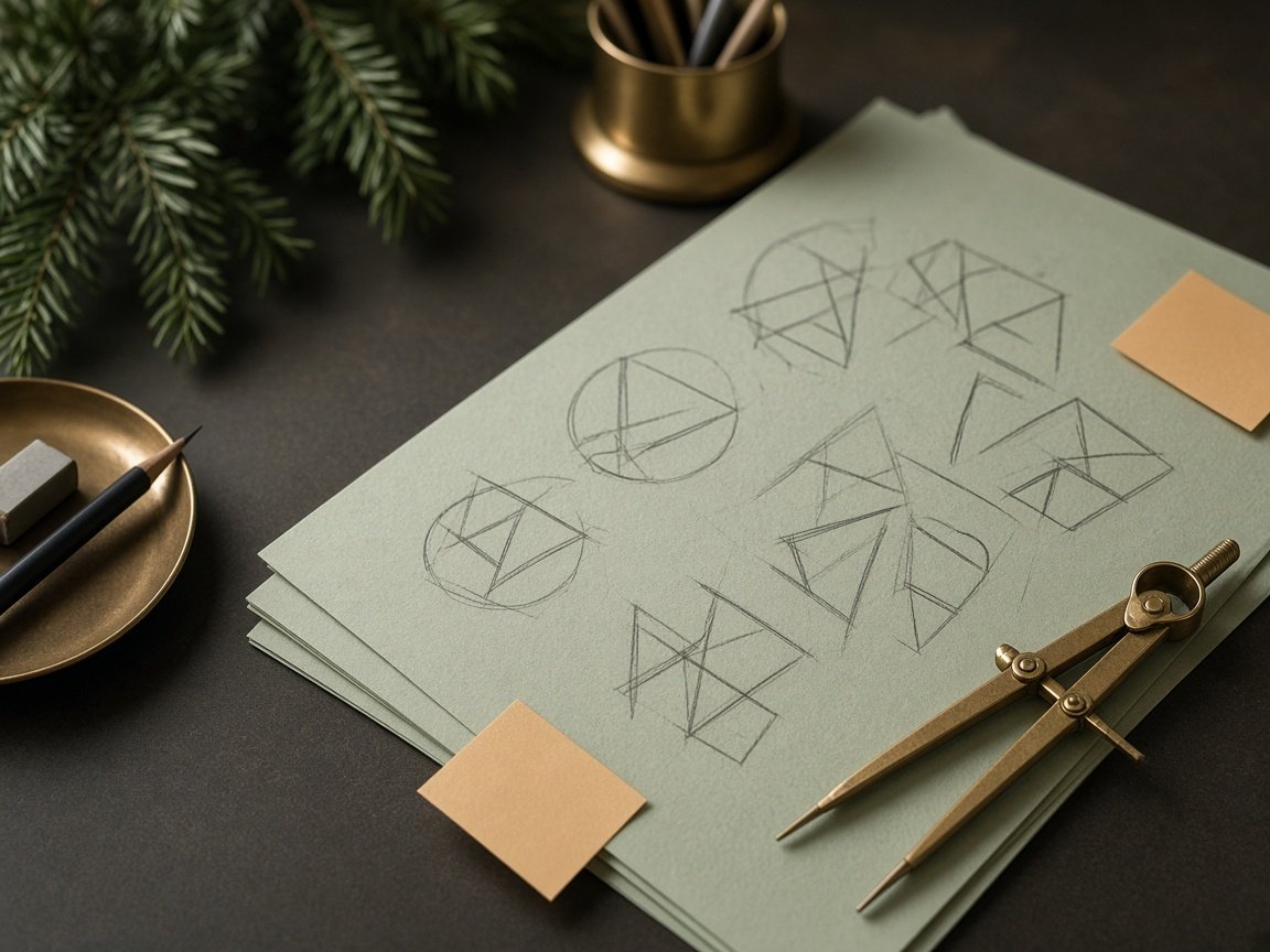 Pencil studies of geometric logo marks on a design desk